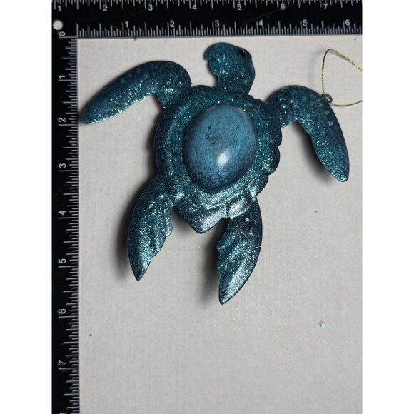 Blue Glitter Sea Turtle Hanging Ornament Metal and Resin Dome Center - Picture 4 of 4